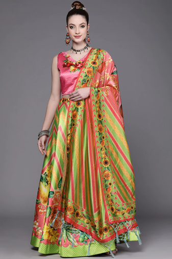 Digital Floral Print Satin Silk Semistitched Lehenga Choli For Women and Girls In Festive Party And Traditional Wear