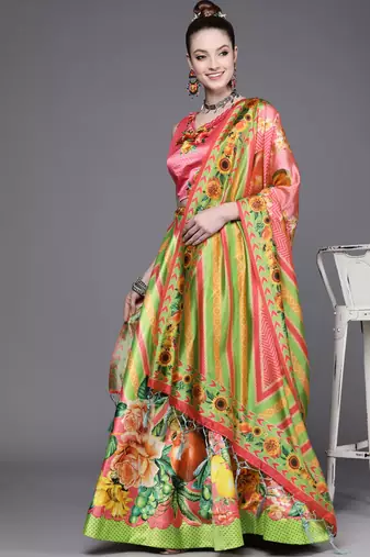 Digital Floral Print Satin Silk Semistitched Lehenga Choli For Women and Girls In Festive Party And Traditional Wear