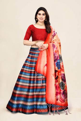 Digital Floral Print Satin Silk Semistitched Lehenga Choli For Women and Girls In Festive Party And Traditional Wear