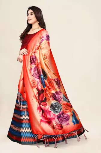 Digital Floral Print Satin Silk Semistitched Lehenga Choli For Women and Girls In Festive Party And Traditional Wear