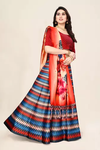 Digital Floral Print Satin Silk Semistitched Lehenga Choli For Women and Girls In Festive Party And Traditional Wear