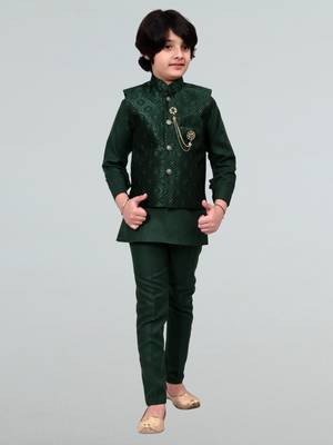 Boys geometric embossed cotton blend waistcoat with kurta & pant set - bottle green 1