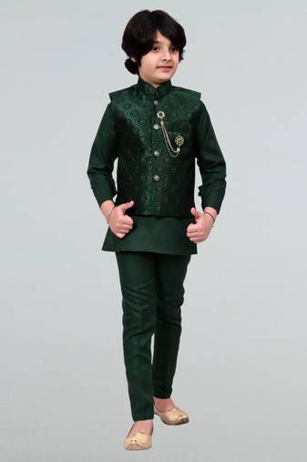 Boys geometric embossed cotton blend waistcoat with kurta & pant set - bottle green