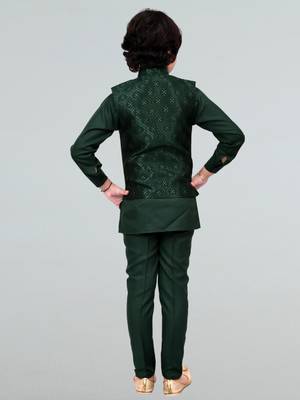 Boys geometric embossed cotton blend waistcoat with kurta & pant set - bottle green 2