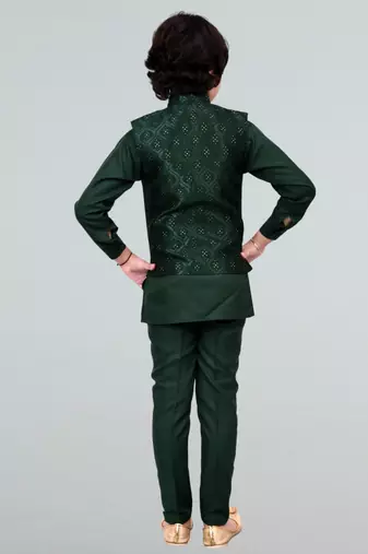 Boys geometric embossed cotton blend waistcoat with kurta & pant set - bottle green