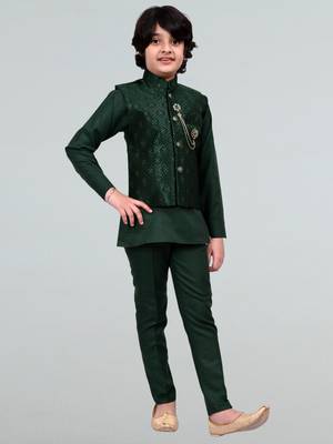 Boys geometric embossed cotton blend waistcoat with kurta & pant set - bottle green 3