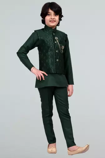 Boys geometric embossed cotton blend waistcoat with kurta & pant set - bottle green