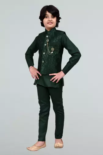 Boys geometric embossed cotton blend waistcoat with kurta & pant set - bottle green