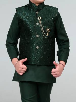 Boys geometric embossed cotton blend waistcoat with kurta & pant set - bottle green 5