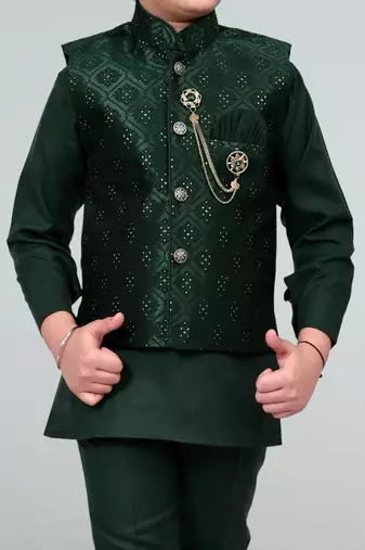 Boys geometric embossed cotton blend waistcoat with kurta & pant set - bottle green