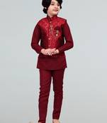 Boys geometric embossed cotton blend waistcoat with kurta & pant set - maroon