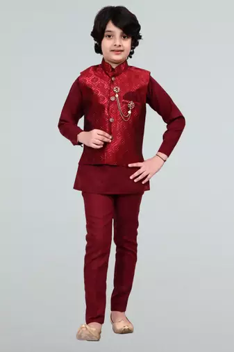 Boys geometric embossed cotton blend waistcoat with kurta & pant set - maroon