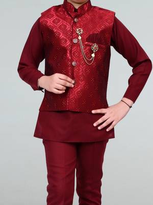 Boys geometric embossed cotton blend waistcoat with kurta & pant set - maroon 5