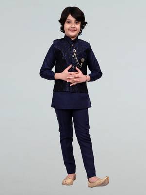 Boys geometric embossed cotton blend waistcoat with kurta & pant set - navy blue 1