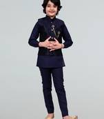 Boys geometric embossed cotton blend waistcoat with kurta & pant set - navy blue