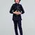 Boys geometric embossed cotton blend waistcoat with kurta & pant set - navy blue