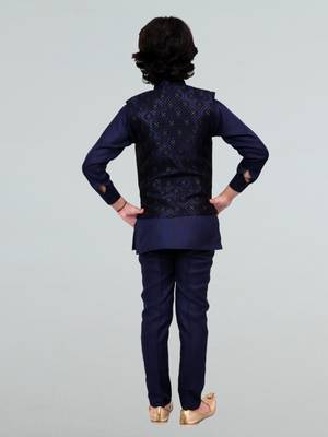 Boys geometric embossed cotton blend waistcoat with kurta & pant set - navy blue 2
