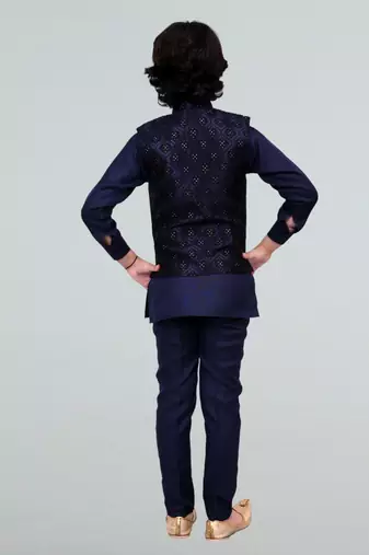 Boys geometric embossed cotton blend waistcoat with kurta & pant set - navy blue