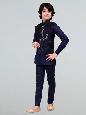 Boys geometric embossed cotton blend waistcoat with kurta & pant set - navy blue 3
