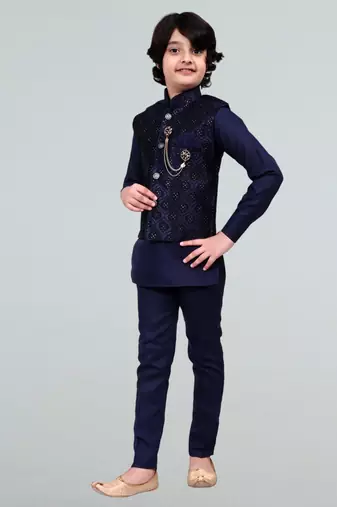Boys geometric embossed cotton blend waistcoat with kurta & pant set - navy blue