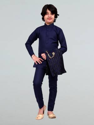 Boys geometric embossed cotton blend waistcoat with kurta & pant set - navy blue 4