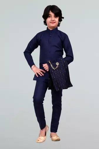 Boys geometric embossed cotton blend waistcoat with kurta & pant set - navy blue