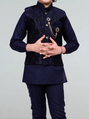 Boys geometric embossed cotton blend waistcoat with kurta & pant set - navy blue 5