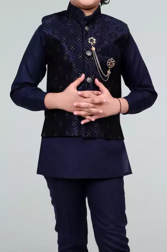 Boys geometric embossed cotton blend waistcoat with kurta & pant set - navy blue