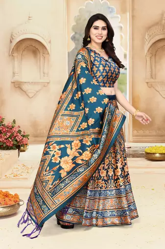 Digital Floral Print Satin Silk Semistitched Lehenga Choli For Women and Girls In Festive Party And Traditional Wear