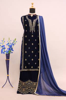 Blue Velvet Zari Embroidered Wedding Salwar Suit - Semi Stitched 3