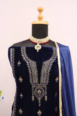 Blue Velvet Zari Embroidered Wedding Salwar Suit - Semi Stitched 4