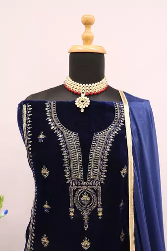Blue Velvet Zari Embroidered Wedding Salwar Suit - Semi Stitched