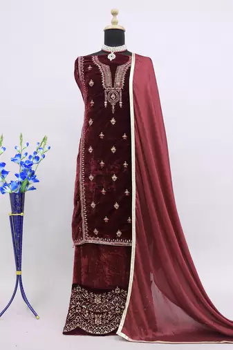 Maroon Velvet Golden Sequin Embroidered Palazzo Suit with Dupatta - 