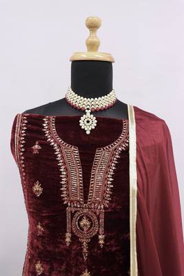 Maroon Velvet Golden Sequin Embroidered Palazzo Suit with Dupatta -  4