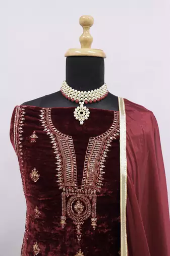 Maroon Velvet Golden Sequin Embroidered Palazzo Suit with Dupatta - 