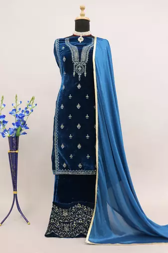 Blue Velvet Zari Embroidered Salwar Suit
