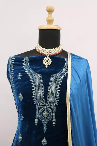 Blue Velvet Zari Embroidered Salwar Suit