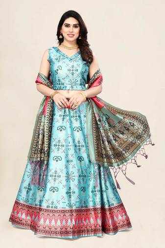 Digital Floral Print Satin Silk Semistitched Lehenga Choli For Women and Girls In Festive Party And Traditional Wear