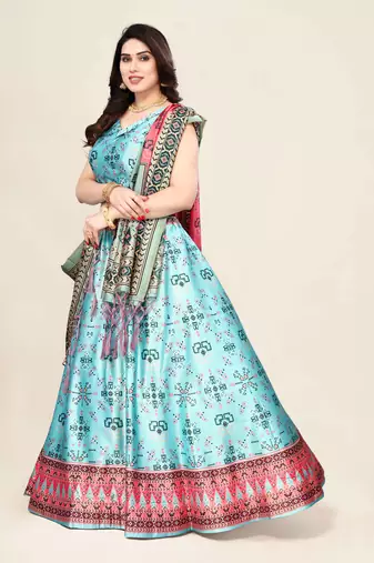 Digital Floral Print Satin Silk Semistitched Lehenga Choli For Women and Girls In Festive Party And Traditional Wear