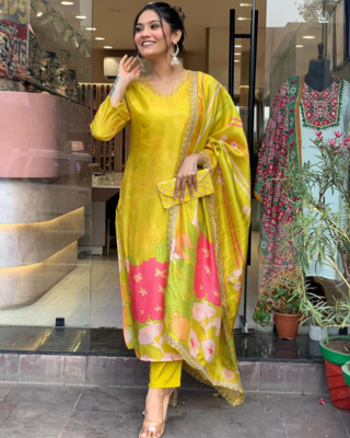 Women Yellow Chanderi Silk Embroidered Kurta Pant Dupatta Set 1