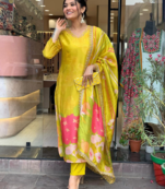 Women Yellow Chanderi Silk Embroidered Kurta Pant Dupatta Set