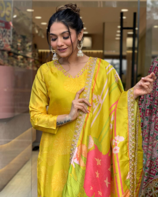 Women Yellow Chanderi Silk Embroidered Kurta Pant Dupatta Set 4