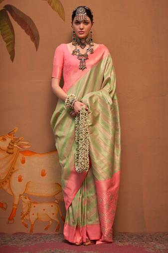 Pista Green Handloom Silk Jacquard Woven Saree With Blouse