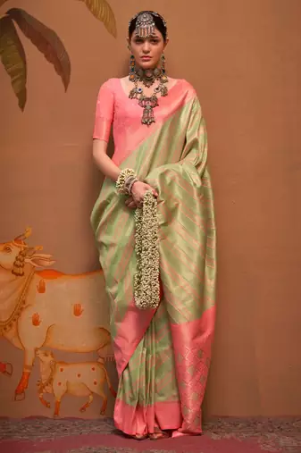 Pista Green Handloom Silk Jacquard Woven Saree With Blouse