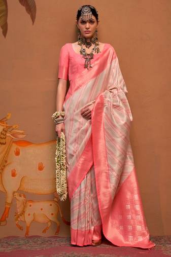 Cream Handloom Silk Jacquard Woven Saree With Blouse