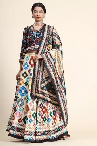 Digital Floral Print Satin Silk Semistitched Lehenga Choli For Women and Girls In Festive Party And Traditional Wear