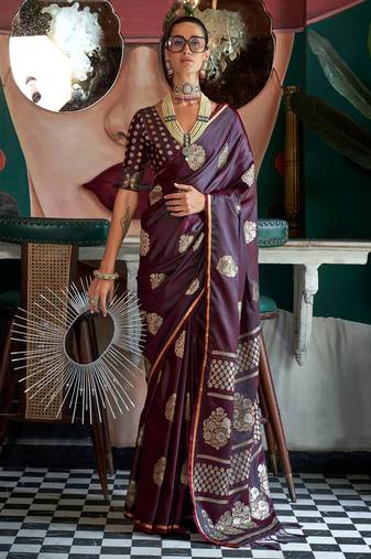Wine Handloom Satin Jacquard Handloom Woven Saree With Blouse