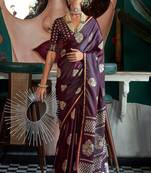 Wine Handloom Satin Jacquard Handloom Woven Saree With Blouse
