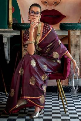 Wine Handloom Satin Jacquard Handloom Woven Saree With Blouse 2