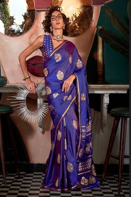 Blue Handloom Satin Jacquard Handloom Woven Saree With Blouse 1